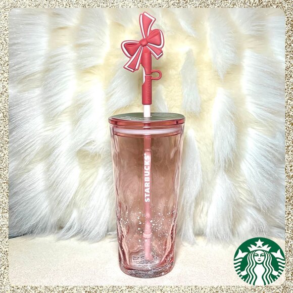 🎄🎀 NWT Starbucks 2025 Holiday Pink/Mauve Speckled Glass Tumbler w/ Bow Topper - Picture 1 of 10